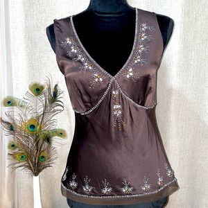 New York and Company dark brown tan top blouse with jewels size small SILK